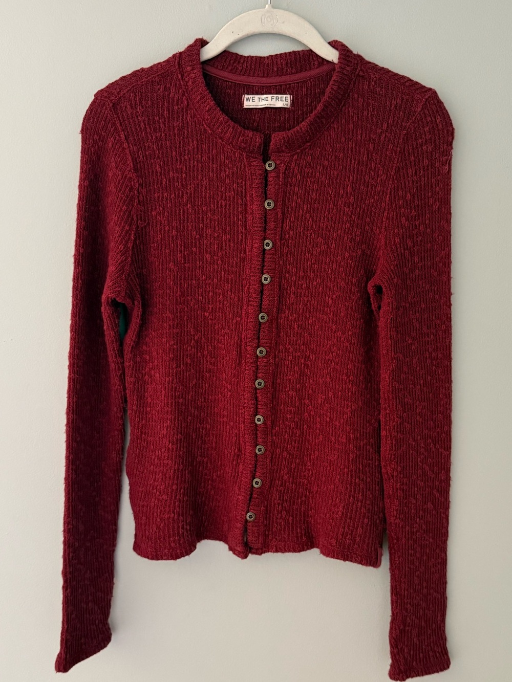 We The Free Burgundy Button-Front Ribbed Knit Cardigan
